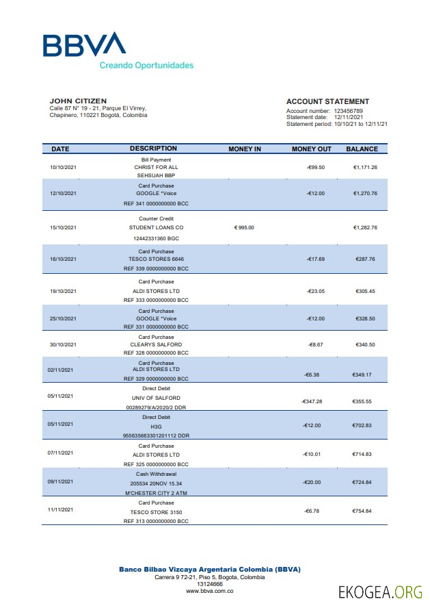 Relevé bancaire BBVA Colombie